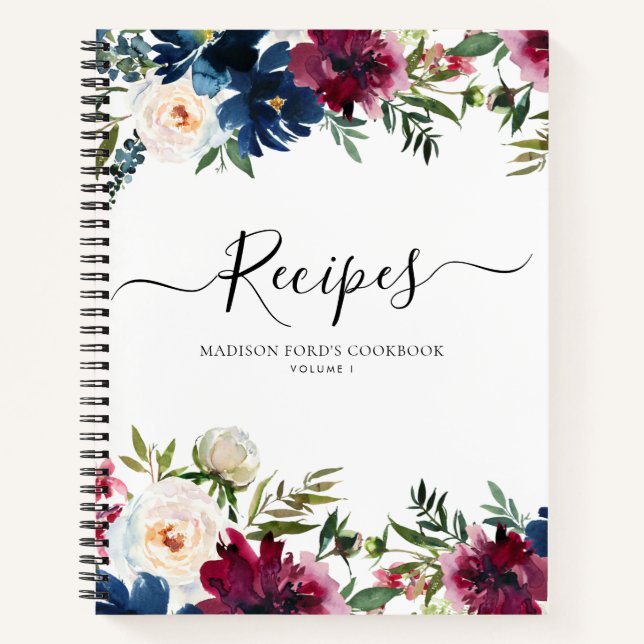 Carnet Budget Floral Navy Bleu Bourgogne Aquarelle Recett (Devant)