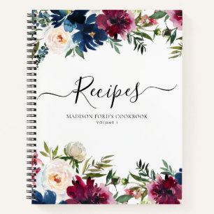 Carnet Budget Floral Navy Blue Burgundy Aquarelle Recette