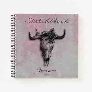 Carnet Bull Skull et Rose Votre nom Sketchbook