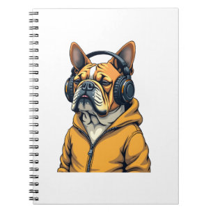 Carnet Bulldog vintage avec casque audio portant un sweat