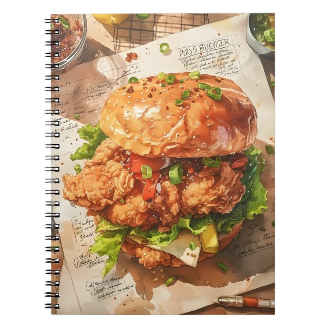Carnet Burger au poulet frit gourmet Recette aquarelle (Devant)