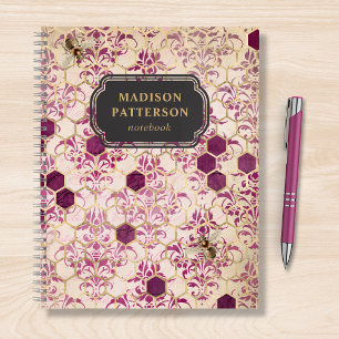 Carnet Burgundy Bee Damask Girly Chic Nom moderne