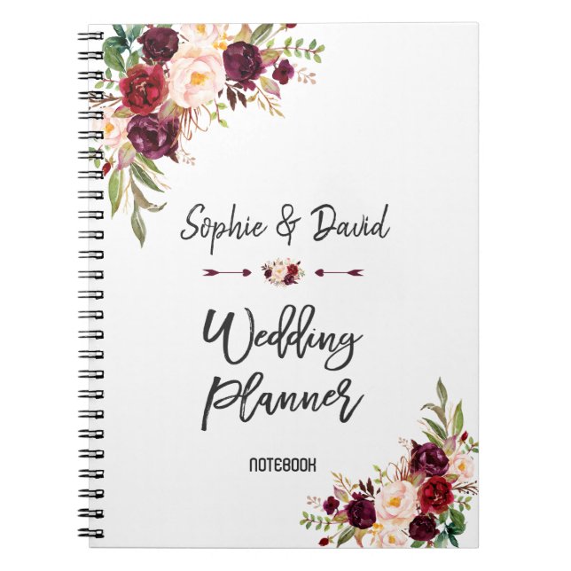 Carnet Burgundy Blush Floral Wedding planner écriture man (Devant)