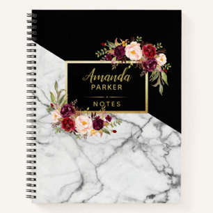 Carnet Burgundy Floral Noir Marbre Blanc Notes du concept
