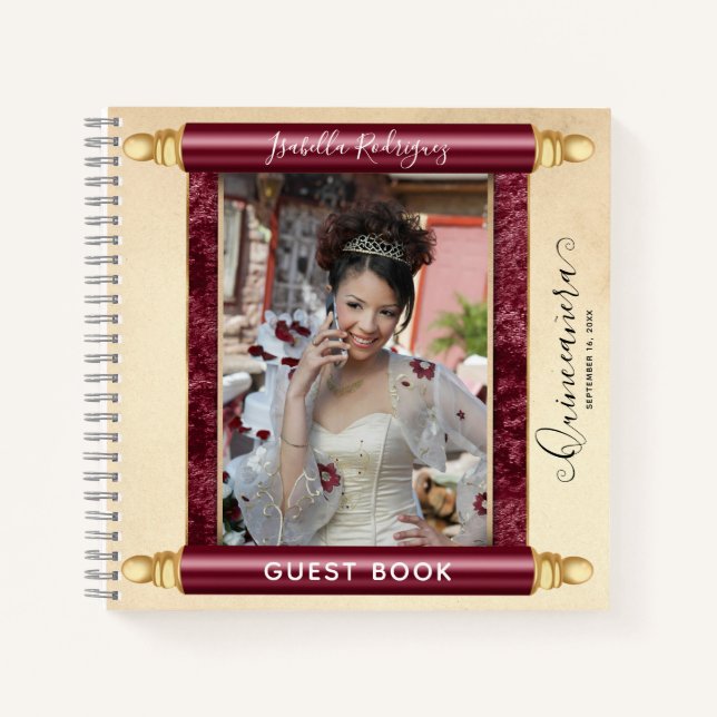 Carnet Burgundy Scroll Photo Budget Quinceañera Invité (Devant)