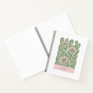 Carnet Cactus entrelacés linogravure vert sauge en fleurs