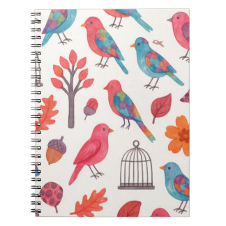 Carnet Caderno Espiral  Pássaros e Flores DESING