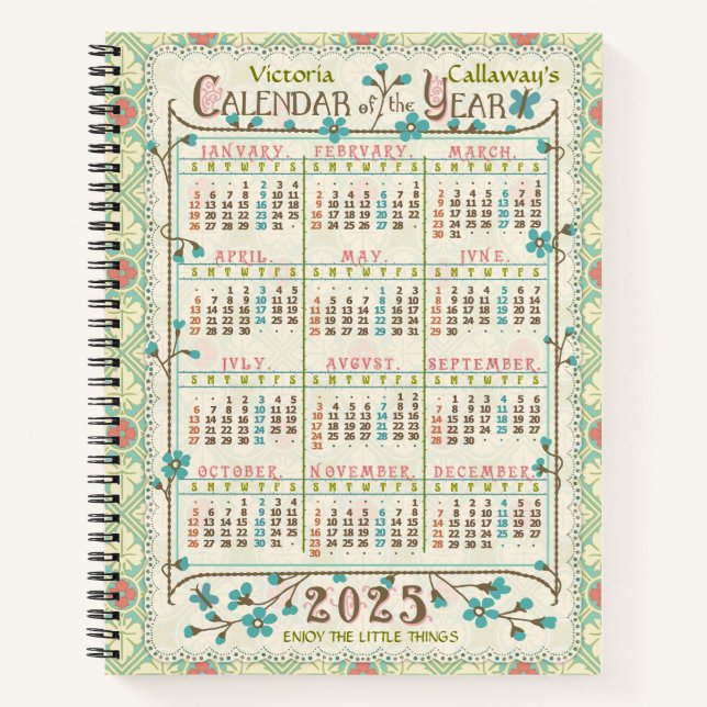 Carnet Calendrier annuel 2025 Art nouveau victorien | Sur (Devant)