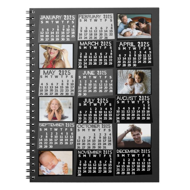 Carnet Calendrier mensuel 2025 Noir Mod 6 Collage photo (Devant)