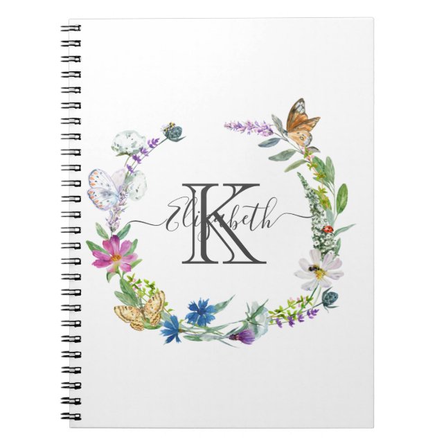 Carnet Calligraphie Papillons Fleurs Monogramme Script (Devant)