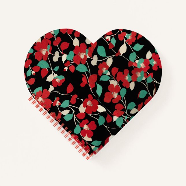 Carnet CAMELLIAS ROUGES, FEUILLES BLANCS VERTS NOIR Flora (Devant)