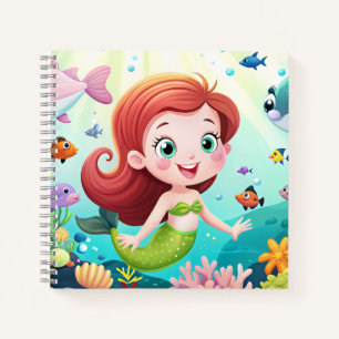 Carnet caricature fille sirène dans la mer avec du poisso