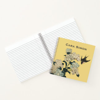 Carnet Carouge à épaulettes volant parmi les fleurs jaune