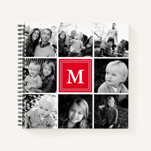 Carnet Carré Photo Collage rouge monogramme personnalisé (Devant)