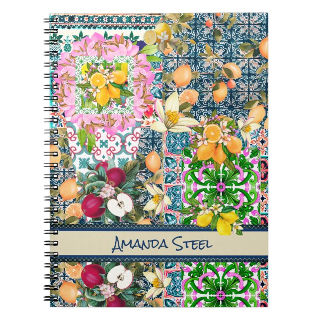 Carnet Carreaux floraux d'agrumes siciliens bleu chic (Devant)