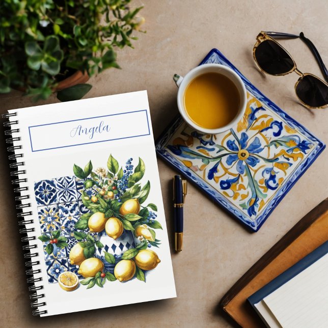 Carnet Carrelage bleu italien et citrons | votre nom (Créateur téléchargé)