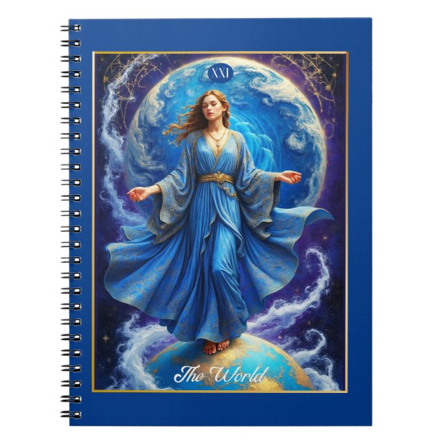 Carnet Carte Tarot, le monde, en bleu profond (Devant)
