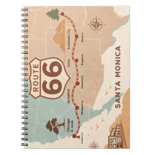 Carnet Carte vintage de la route 66 avec des villes histo