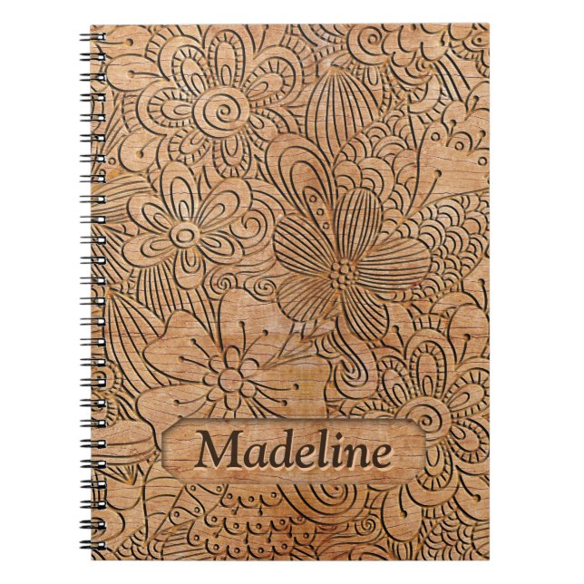 Carnet Carvages en bois Motif floral Personnalisé (Devant)