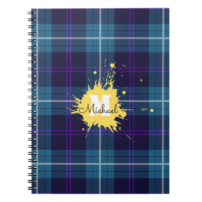 Carnet Celadon bleu Plaid Tartan Jaune Splash Monogramme (Devant)