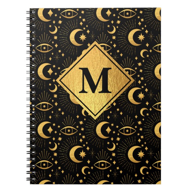 Carnet Céleste Black & Gold Stars Lune Motif Monogramme (Devant)