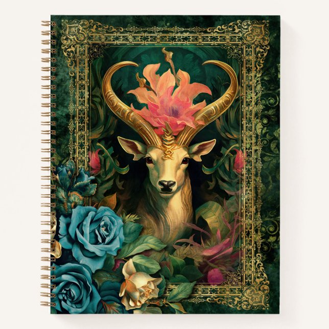 Carnet Cerf mystique dans la Jungle avec Roses verts (Devant)