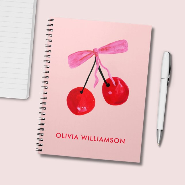 Carnet Cerise & Bow rose (Cherry and pink bow personalized notebook)