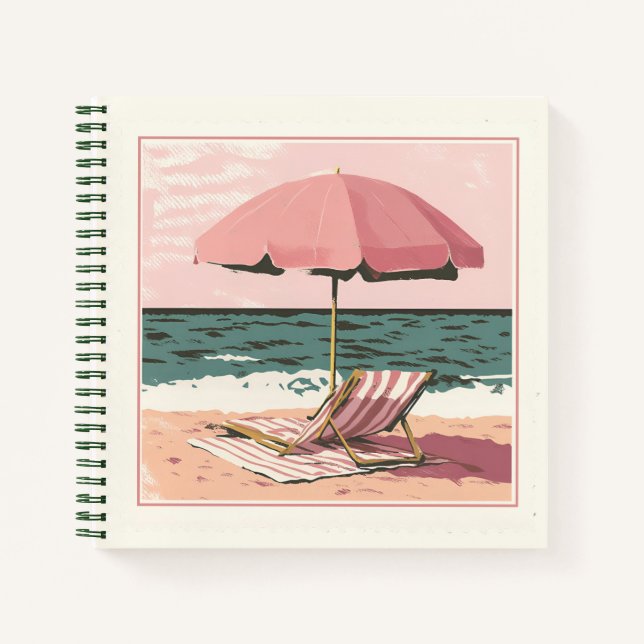 Carnet Chaise de plage rose et crème et parapluie (Devant)