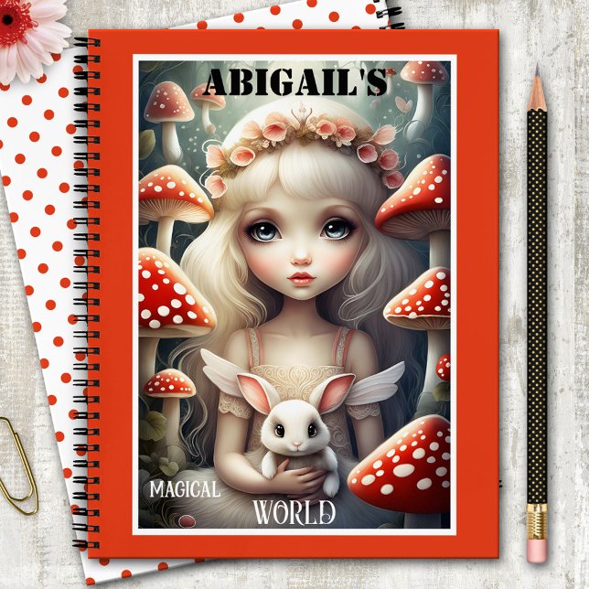 Carnet Champignons Fée Imaginaire magique (Cute colorful notebook featuring an illustration of a fairy girl with an angel rabbit and mushrooms)