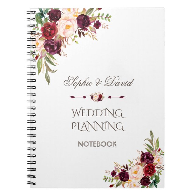 Carnet Charme Bourgogne Rouge Marsala Floral Wedding plan (Devant)