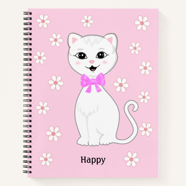 Carnet Chat blanc mignon et fleurs sur rose clair (Devant)