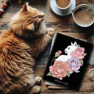 Carnet Chat Blanc Pastel Floral Botanique Romantique Noir