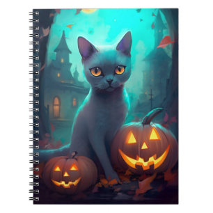 Carnet Chat bleu russe d'Halloween avec la peur Citrouill