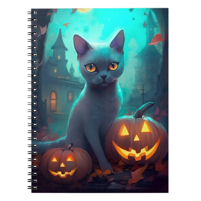 Carnet Chat bleu russe d'Halloween avec la peur Citrouill (Devant)