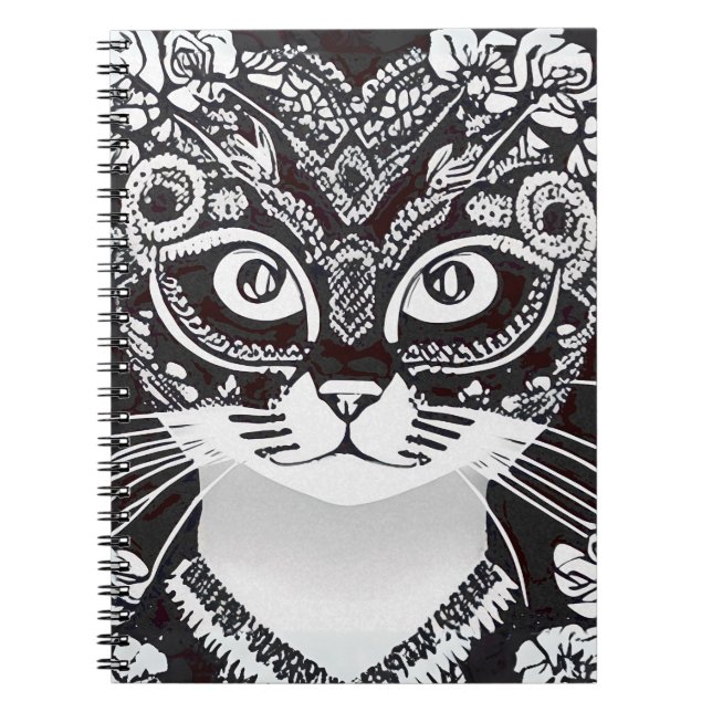 Carnet Chat dans un Masque Mardi Gras noir et blanc (Devant)