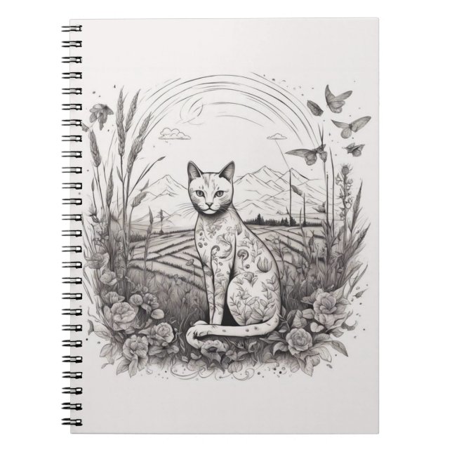 Carnet Chat Floral noir blanc gros plan Fleurs détaillées (Devant)