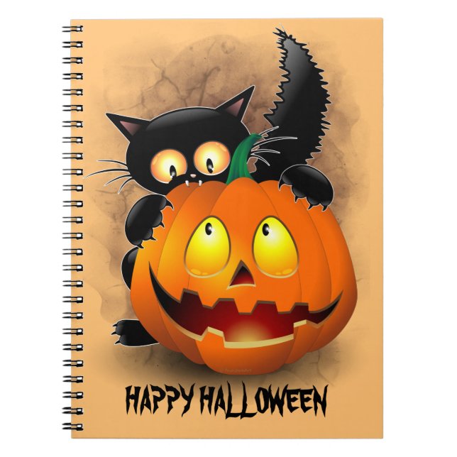 Carnet Chat Fun Halloween Caractère mordant un Citrouille (Devant)