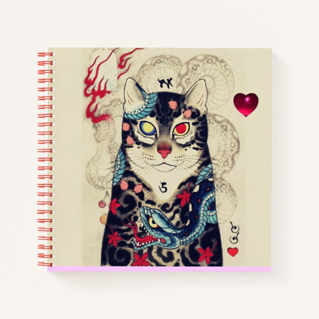 Carnet CHAT JAPONAIS EN TATOO DE SAINTE, Coeur Rouge (Devant)