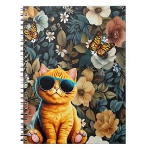 Carnet Chat jaune et papillons sur Arrière - plan floral