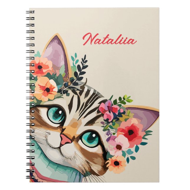 Carnet Chat mignon aquarelle florale (Devant)
