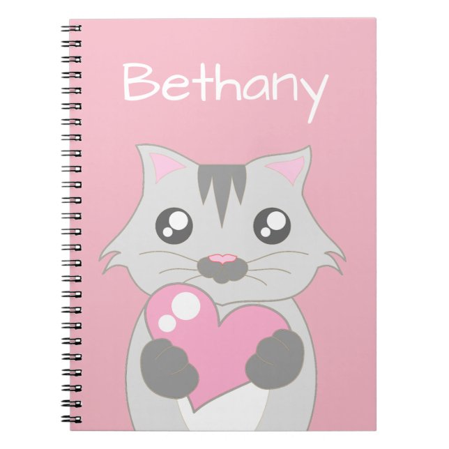 Carnet Chat mignon tenant Coeur rose Personnalisé (Devant)