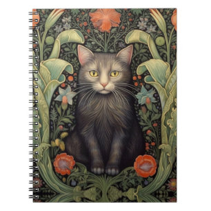Carnet Chat noir Art nouveau et fleurs rouges