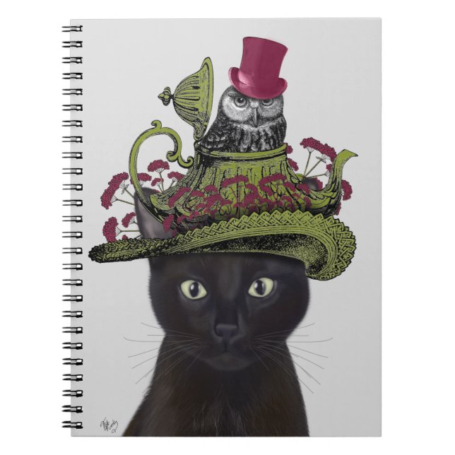 Carnet Chat noir avec théière et hibou (Devant)