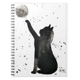 Carnet Chat noir et chaton de lune aquarelle
