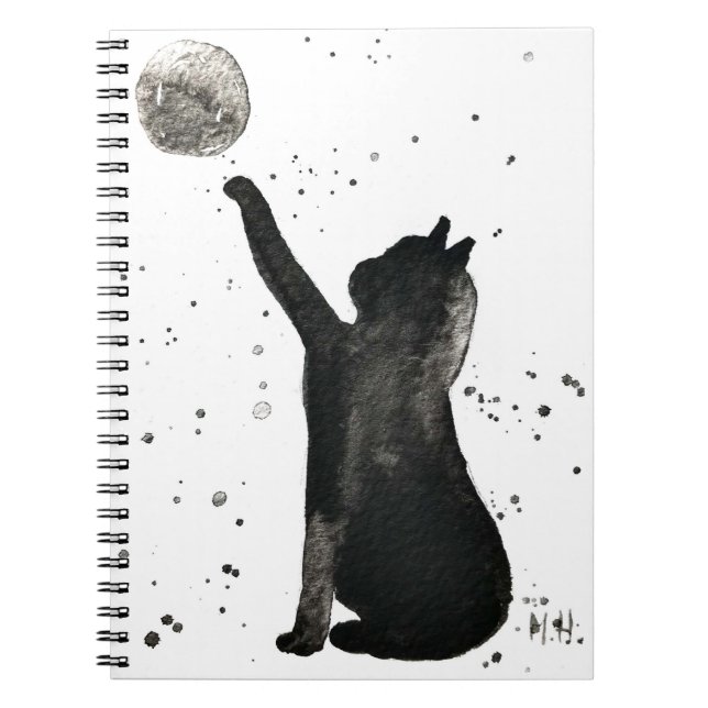 Carnet Chat noir et chaton de lune aquarelle (Devant)