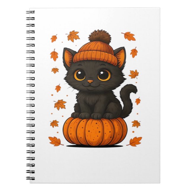 Carnet Chat noir mignon assis sur Citrouille Automne esth (Devant)