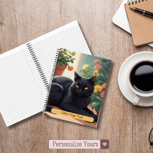 Carnet Chat noir personnalisé avec fleurs en pot