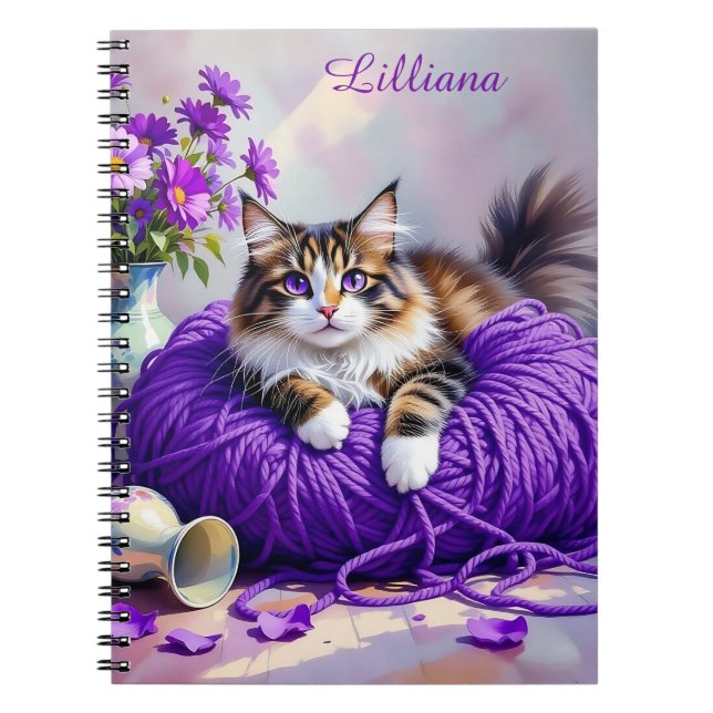 Carnet Chat personnalisé en fil violet et fleurs (Devant)