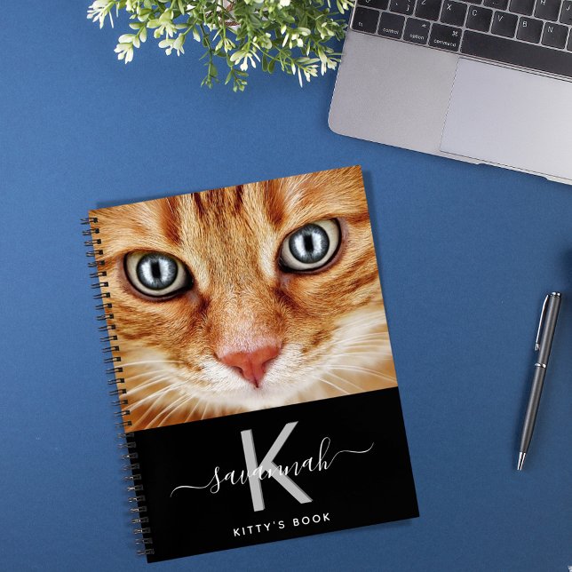 Carnet Chat photo personnalisée noir blanc monogramme (Créateur téléchargé)