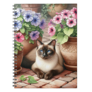 Carnet Chat siamois et fleurs de pétunia